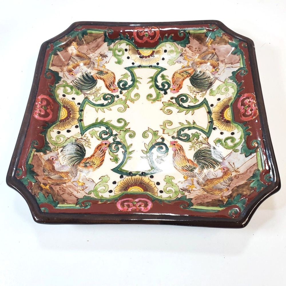 Vintage Rooster Plate Hand Painted Hua Rong Tang Chinese Heavy Square Plate